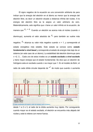 El signo negativo de la ecuación es una convención arbitraria de para
indicar que la energía del electrón en el átomo es menor que la energía del
electrón libre, es decir un electrón situado a distancia infinita del núcleo. A la
energía del electrón libre se le asigna un valor arbitrario de cero.
Matemáticamente, esto significa que n tiene un valor infinito en la ecuación, de
manera que Cuando un electrón se acerca más al núcleo (cuando n
disminuye), aumenta el valor absoluto de pero también se vuelve más
negativo. alcanza su valor más negativo cuando n = 1, y corresponde al
estado energético más estable. Este estado se conoce como estado
fundamental o nivel basal y corresponde al estado de energía más bajo de un
sistema (en este caso de un átomo). La estabilidad del electrón disminuye para
n =2, 3,… Cada uno de estos niveles es un estado excitado o nivel excitado
y tiene mayor energía que el estado fundamental. Se dice que un electrón de
hidrógeno esta en excitado cuando n es mayor que 1. En el modelo de Bohr, el
radio de cada órbita circular depende de de modo que cuando n aumenta
desde 1 a 2 o 3, el radio de la órbita aumenta muy rápido. Por consiguiente
cuando mayor es el estado excitado, el electrón se encuentra más alejado del
núcleo y este lo retiene con menor fuerza.
12
 