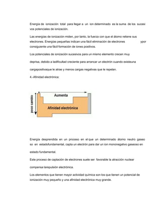 Energía de ionización total para llegar a un ion determinado es la suma de los sucesi
vos potenciales de ionización.

Las energías de ionización miden, por tanto, la fuerza con que el átomo retiene sus
electrones. Energías pequeñas indican una fácil eliminación de electrones             ypor
consiguiente una fácil formación de iones positivos.

Los potenciales de ionización sucesivos para un mismo elemento crecen muy

deprisa, debido a ladificultad creciente para arrancar un electrón cuando existeuna

cargapositivaque le atrae y menos cargas negativas que le repelan.

4.-Afinidad electrónica:




Energía desprendida en un proceso en el que un determinado átomo neutro gaseo
so en estadofundamental, capta un electrón para dar un ion mononegativo gaseoso en

estado fundamental.

Este proceso de captación de electrones suele ser favorable la atracción nuclear

compensa larepulsión electrónica.

Los elementos que tienen mayor actividad química son los que tienen un potencial de
ionización muy pequeño y una afinidad electrónica muy grande.
 