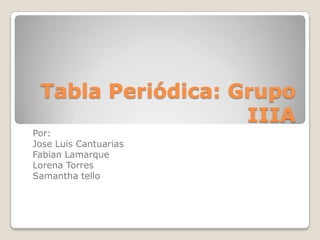Tabla Periódica: Grupo
                   IIIA
Por:
Jose Luis Cantuarias
Fabian Lamarque
Lorena Torres
Samantha tello
 