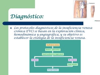 Diagnóstico:

   Los protocolos diagnósticos de la insuficiencia venosa
    crónica (IVC) se basan en la exploración clín...