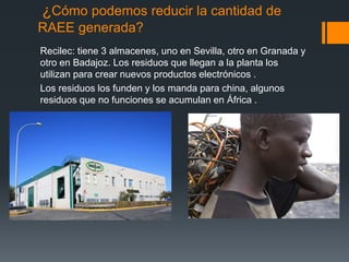 ¿Cómo podemos reducir la cantidad de
RAEE generada?
Recilec: tiene 3 almacenes, uno en Sevilla, otro en Granada y
otro en Badajoz. Los residuos que llegan a la planta los
utilizan para crear nuevos productos electrónicos .
Los residuos los funden y los manda para china, algunos
residuos que no funciones se acumulan en África .
 