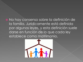 No hay consenso sobre la definición de la familia. Jurídicamente está definida por algunas leyes, y esta definición suele darse en función de lo que cada ley establece como matrimonio.