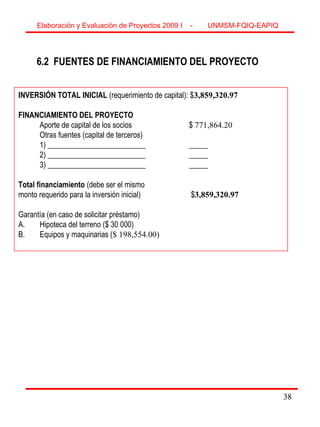 38
6.2 FUENTES DE FINANCIAMIENTO DEL PROYECTO
INVERSIÓN TOTAL INICIAL (requerimiento de capital): $3,859,320.97
FINANCIAMIENTO DEL PROYECTO
Aporte de capital de los socios $ 771,864.20
Otras fuentes (capital de terceros)
1) __________________________ _____
2) __________________________ _____
3) __________________________ _____
Total financiamiento (debe ser el mismo
monto requerido para la inversión inicial) $3,859,320.97
Garantía (en caso de solicitar préstamo)
A. Hipoteca del terreno ($ 30 000)
B. Equipos y maquinarias ($ 198,554.00)
Elaboración y Evaluación de Proyectos 2009 I - UNMSM-FQIQ-EAPIQ
38
 