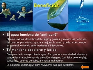BeneficiosBeneficios
• El agua funciona de “anti-acné”
Elimina toxinas, desechos del cuerpo y grasas, y mejora las defensa...