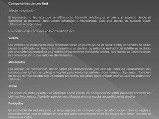 Componentes de una Red

Medio no guiado

El representa la técnica que se utiliza para transmitir señales por el aire y el espacio desde el
transmisor al receptor, tales como infrarrojos y microondas. Con este medio se pueden cubrir
distancias más grandes.

Los medios más comunes en la actualidad son:

Satélite

Los satélites de comunicaciones orbitando sobre un punto fijo de la tierra recibe las señales de radio
de un amplificador en tierra y las transmite a su destino. La señal de entrada del satélite es recibida
por una antena parabólica y se distribuye localmente mediante cables. Este medio se utiliza cuando
la comunicación cubre millones de kilómetros.

Microondas

Las señales de microondas deben viajar sin obstrucciones, por esto las torres de retransmisión son
instaladas en cimas de colinas y montes para enviar las señales sobre terrenos disparejos . También
las torres de microondas son instaladas en techos elevados para enlazar oficinas que no están muy
distantes.

Radio

Las ondas de radio pueden ser utilizadas como medio de comunicación estas permiten transmitir en
distintas frecuencias. También pueden ser utilizadas en una escala geográfica más amplia.

Protocolos

Un protocolo de red es como un lenguaje para la comunicación de información. Son las reglas y
procedimientos que se utilizan en una red para comunicarse entre los nodos que tienen acceso al
sistema de cable.
 