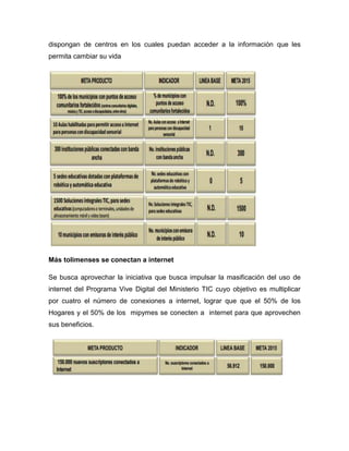 dispongan de centros en los cuales puedan acceder a la información que les
permita cambiar su vida




Más tolimenses se conectan a internet

Se busca aprovechar la iniciativa que busca impulsar la masificación del uso de
internet del Programa Vive Digital del Ministerio TIC cuyo objetivo es multiplicar
por cuatro el número de conexiones a internet, lograr que que el 50% de los
Hogares y el 50% de los mipymes se conecten a internet para que aprovechen
sus beneficios.
 