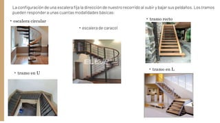La configuración de una escalera fija la dirección de nuestro recorrido al subir y bajar sus peldaños. Los tramos
pueden responder a unas cuantas modalidades básicas:
• tramo en L
• tramo recto
• tramo en U
• escalera circular
• escalera de caracol
 