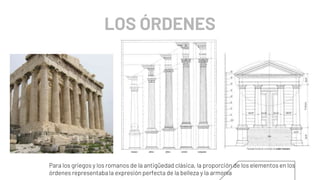 Para los griegos y los romanos de la antigüedad clásica, la proporción de los elementos en los
órdenes representaba la expresión perfecta de la belleza y la armonía
LOS ÓRDENES
 