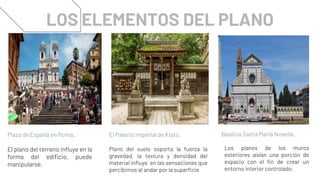 LOS ELEMENTOS DEL PLANO
El plano del terreno influye en la
forma del edificio, puede
manipularse.
Plaza de España en Roma.
Plano del suelo soporta la fuerza la
gravedad, la textura y densidad del
material influye en las sensaciones que
percibimos al andar por la superficie
El Palacio Imperial de Kioto.
Los planos de los muros
exteriores aíslan una porción de
espacio con el fin de crear un
entorno interior controlado.
Basílica Santa Maria Novella.
 