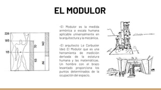 EL MODULOR
-El Modulor es la medida
armónica a escala humana
aplicable universalmente en
la arquitectura y la mecánica.
-El arquitecto Le Corbusier
ideó El Modulor que es una
herramienta de medición
derivada de la estatura
humana y las matemáticas.
Un hombre con el brazo
levantado proporciona los
puntos determinados de la
ocupación del espacio.
 