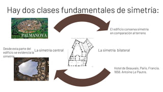 Hay dos clases fundamentales de simetría:
La simetría bilateral
La simetría central
Hotel de Beauvais, Paris, Francia,
1656. Antoine Le Pautre.
El edificio conserva simetría
en comparación al terreno
Desde esta parte del
edificio se evidencia la
simetría
 