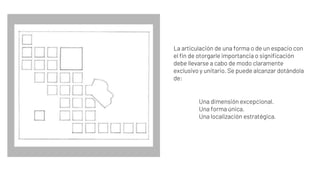 Una dimensión excepcional.
Una forma única.
Una localización estratégica.
La articulación de una forma o de un espacio con
el fin de otorgarle importancia o significación
debe llevarse a cabo de modo claramente
exclusivo y unitario. Se puede alcanzar dotándola
de:
 