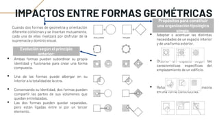 IMPACTOS ENTRE FORMAS GEOMÉTRICAS
Cuando dos formas de geometría y orientación
diferente colisionan y se insertan mutuamente,
cada una de ellas rivalizará por disfrutar de la
supremacía y dominio visual.
Evolución según el principio
anterior:
• Ambas formas pueden subordinar su propia
identidad y fusionarse para crear una forma
compuesta.
• Una de las formas puede albergar en su
interior a la totalidad de la otra.
• Conservando su identidad, dos formas pueden
compartir las partes de sus volúmenes que
quedan entrelazadas.
• Las dos formas pueden quedar separadas,
pero están ligadas entre sí por un tercer
elemento.
• Adaptar o acentuar las distintas
necesidades de un espacio interior
y de una forma exterior.
• Ordenar un espacio según las
características específicas del
emplazamiento de un edificio.
• Reforzar una condición de simetría
en una forma constructiva.
Propósitos para constituir
una organización tipológica
simple.
 