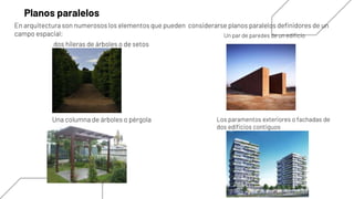 Planos paralelos
En arquitectura son numerosos los elementos que pueden considerarse planos paralelos definidores de un
campo espacial: Un par de paredes de un edificio
Los paramentos exteriores o fachadas de
dos edificios contiguos
Una columna de árboles o pérgola
dos hileras de árboles o de setos
 