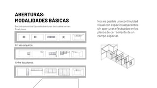 ABERTURAS:
MODALIDADES BÁSICAS Nos es posible una continuidad
visual con espacios adyacentes
sin aperturas efectuadas en los
planos de cerramiento de un
campo espacial.
Encontramos dos tipos de aberturas las cuales serian:
En el plano
En las esquinas
Entre los planos
 