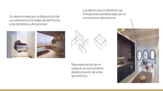 Es determinado por la disposición de
sus elementos formales de definición,
y los tamaños y ubicaciones
Las aberturas no debilitan las
limitaciones establecidas por el
cerramiento del entorno
Representación de un
espacio en cerramiento
desde el punto de vista
geométrico
 