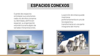 ESPACIOS CONEXOS
Cuando dos espacios
entrelazan sus volúmenes
cada uno de ellos conserva
su identidad y definición
espacial, su organización
volumétrica será objeto de
variadas interpretaciones.
La porción de enlace puede
insertarse
preferentemente en uno de
los espacios y
transformarse en una parte
integrante del mismo
 