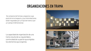 La capacidad de organización de una
trama resulta de su regularidad y
continuidad de su patrón que engloba
los elementos que organiza.
Se compone de formas y espacios cuya
posición en el espacio y sus interrelaciones
están reguladas por un tipo de trama o por
un campo tridimensional.
ORGANIZACIONES EN TRAMA
 