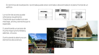 En términos de localización, la entrada puede estar centrada o descentrada en el plano frontal de un
edificio
La noción de acceso puede
reforzarse visualmente:
1.haciendo que la abertura sea
más baja, ancha y estrecha que lo
esperado.
2. practicando un acceso de
mucha mayor profundidad y,
además, sinuoso.
3.articulando la abertura con
elementos decorativos
 