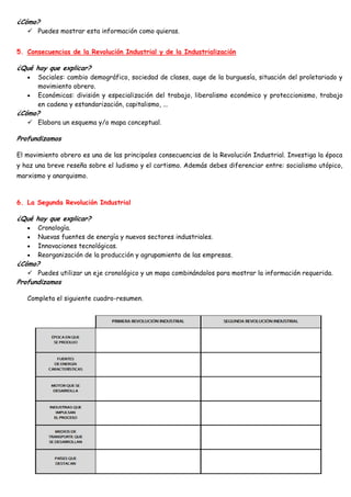 ¿Cómo?
 Puedes mostrar esta información como quieras.
5. Consecuencias de la Revolución Industrial y de la Industrialización
¿Qué hay que explicar?
 Sociales: cambio demográfico, sociedad de clases, auge de la burguesía, situación del proletariado y
movimiento obrero.
 Económicas: división y especialización del trabajo, liberalismo económico y proteccionismo, trabajo
en cadena y estandarización, capitalismo, ...
¿Cómo?
 Elabora un esquema y/o mapa conceptual.
Profundizamos
El movimiento obrero es una de las principales consecuencias de la Revolución Industrial. Investiga la época
y haz una breve reseña sobre el ludismo y el cartismo. Además debes diferenciar entre: socialismo utópico,
marxismo y anarquismo.
6. La Segunda Revolución Industrial
¿Qué hay que explicar?
 Cronología.
 Nuevas fuentes de energía y nuevos sectores industriales.
 Innovaciones tecnológicas.
 Reorganización de la producción y agrupamiento de las empresas.
¿Cómo?
 Puedes utilizar un eje cronológico y un mapa combinándolos para mostrar la información requerida.
Profundizamos
Completa el siguiente cuadro-resumen.
 