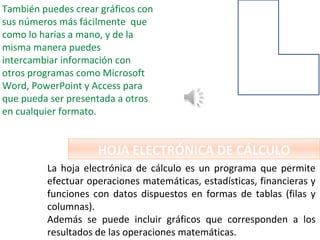 También puedes crear gráficos con
sus números más fácilmente que
como lo harías a mano, y de la
misma manera puedes
intercambiar información con
otros programas como Microsoft
Word, PowerPoint y Access para
que pueda ser presentada a otros
en cualquier formato.


                    HOJA ELECTRÓNICA DE CÁLCULO
         La hoja electrónica de cálculo es un programa que permite
         efectuar operaciones matemáticas, estadísticas, financieras y
         funciones con datos dispuestos en formas de tablas (filas y
         columnas).
         Además se puede incluir gráficos que corresponden a los
         resultados de las operaciones matemáticas.
 