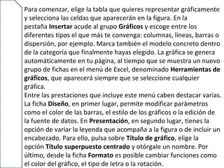 Para comenzar, elige la tabla que quieres representar gráficamente
y selecciona las celdas que aparecerán en la figura. En la
pestaña Insertar acude al grupo Gráficos y escoge entre los
diferentes tipos el que más te convenga: columnas, líneas, barras o
dispersión, por ejemplo. Marca también el modelo concreto dentro
de la categoría que finalmente hayas elegido. La gráfica se genera
automáticamente en tu página, al tiempo que se muestra un nuevo
grupo de fichas en el menú de Excel, denominado Herramientas de
gráficos, que aparecerá siempre que se seleccione cualquier
gráfica.
Entre las prestaciones que incluye este menú caben destacar varias.
La ficha Diseño, en primer lugar, permite modificar parámetros
como el color de las barras, el estilo de los gráficos o la edición de
la fuente de datos. En Presentación, en segundo lugar, tienes la
opción de variar la leyenda que acompaña a la figura o de incluir un
encabezado. Para ello, pulsa sobre Título de gráfico, elige la
opción Título superpuesto centrado y otórgale un nombre. Por
último, desde la ficha Formato es posible cambiar funciones como
el color del gráfico, el tipo de letra o la rotación.
 