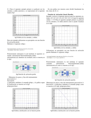 3 
0 1 Para el siguiente ejemplo primero se graficar´a con las 
entradas y salida anteriores y se representara de la siguiente 
manera fig3. 
fig3.Gr´afica de las entradas y salidas 
Para este ejemplo utilizaremos un perceptr´on con una funci´on 
de activaci´on poslin 
Mediante el siguiente c´odigo : 
Posteriormente entrenamos la red mediante el siguiente co-mando: 
red=train(red Neuronal,Entradas,salida) 
red=train(red,x,d), dandonos un resultado como se muestra en 
la fig4. 
fig4.funci´on de activaci´on poslin 
Obtenemos los pesos y bias del entrenamiento 
peso=red.iw1,1 
bias=red.b1 
y graficamos mediante el comando plotpc, y la gr´afica segun 
la clasificaci´on se muestra en la fig5. 
plotpc(peso,bias) 
fig5.Gr´afica clasificaci´on con la funcion poslin 
En esta gr´afica nos muestra como dividi´o linealmente las 
dos clases de (0 ,1) 
Funci´on de Activaci´on Lineal (Purelin) 
Ejemplo: resolver el siguiente ejercicio para las siguientes en-tradas 
-0.5 -0.5 +0.3 -0.1;-0.5 +0.5 -0.5 +1.0 para la siguiente 
salidas 1 1 0 0 Para el siguiente ejemplo primero se graficar´a 
con las entradas y la salida anterior como se puede visualizar 
en la fig6. 
fig6.Gr´afica de las entradas y salidas 
Utilizaremos un perceptr´on con una funci´on de activaci´on 
purelin Mediante el siguiente c´odigo. 
Posteriormente entrenamos la red mediante el siguiente 
comando red=train(red Neuronal,Entradas,salida) 
red=train(red,x,d) como se muestra en la fig7. 
fig7.funci´on de activaci´on purelin 
Obtenemos los pesos y bias del entrenamiento peso=red.iw1,1 
bias=red.b1 y graficamos mediante el comando plotpc como 
se muestra en la fig8. plotpc(peso,bias) 
fig8.Gr´afica clasificaci´on con la funci´on purelin 
 