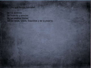1. ¿De qué hemos hablado?

De los delfines
De Troncho y poncho
De las piedras fósiles
De las rocas, Gneis, Esquistos y de la pizarra.
 