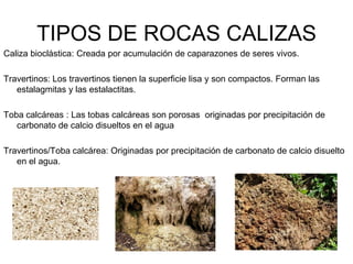 TIPOS DE ROCAS CALIZAS
Caliza bioclástica: Creada por acumulación de caparazones de seres vivos.

Travertinos: Los travertinos tienen la superficie lisa y son compactos. Forman las
   estalagmitas y las estalactitas.

Toba calcáreas : Las tobas calcáreas son porosas originadas por precipitación de
   carbonato de calcio disueltos en el agua

Travertinos/Toba calcárea: Originadas por precipitación de carbonato de calcio disuelto
   en el agua.
 