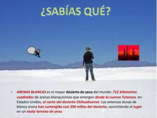 •   ARENAS BLANCAS es el mayor desierto de yeso del mundo: 712 kilómetros
    cuadrados de arenas blanquísimas que emergen desde la cuenca Tularosa, en
    Estados Unidos, al norte del desierto Chihuahuense. Las extensas dunas de
    blanca arena han sumergido casi 300 millas del desierto, convirtiendo el lugar
    en un vasto terreno de yeso.
 