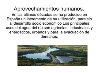 Aprovechamientos humanos.
   En las últimas décadas se ha producido en
España un incremento de su utilización, paralelo
  al desarrollo socio económico Los principales
usos del agua del río son agrícolas, industriales y
  energéticos, urbanos y para la evacuación de
                     derechos.
 