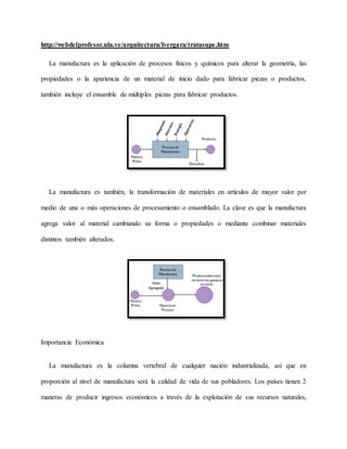 http://webdelprofesor.ula.ve/arquitectura/lvergara/tratasupe.htm
La manufactura es la aplicación de procesos físicos y químicos para alterar la geometría, las
propiedades o la apariencia de un material de inicio dado para fabricar piezas o productos,
también incluye el ensamble de múltiples piezas para fabricar productos.
La manufactura es también, la transformación de materiales en artículos de mayor valor por
medio de una o más operaciones de procesamiento o ensamblado. La clave es que la manufactura
agrega valor al material cambiando su forma o propiedades o mediante combinar materiales
distintos también alterados.
Importancia Económica
La manufactura es la columna vertebral de cualquier nación industrializada, así que en
proporción al nivel de manufactura será la calidad de vida de sus pobladores. Los países tienen 2
maneras de producir ingresos económicos a través de la explotación de sus recursos naturales,
 