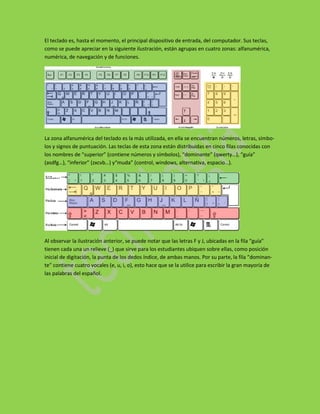 El teclado es, hasta el momento, el principal dispositivo de entrada, del computador. Sus teclas,
como se puede apreciar en la siguiente ilustración, están agrupas en cuatro zonas: alfanumérica,
numérica, de navegación y de funciones.




La zona alfanumérica del teclado es la más utilizada, en ella se encuentran números, letras, símbo-
los y signos de puntuación. Las teclas de esta zona están distribuidas en cinco filas conocidas con
los nombres de “superior” (contiene números y símbolos), “dominante” (qwerty…), “guía”
(asdfg…), “inferior” (zxcvb…) y“muda” (control, windows, alternativa, espacio…).




Al observar la ilustración anterior, se puede notar que las letras F y J, ubicadas en la fila “guía”
tienen cada una un relieve (_) que sirve para los estudiantes ubiquen sobre ellas, como posición
inicial de digitación, la punta de los dedos índice, de ambas manos. Por su parte, la fila “dominan-
te” contiene cuatro vocales (e, u, i, o), esto hace que se la utilice para escribir la gran mayoría de
las palabras del español.
 