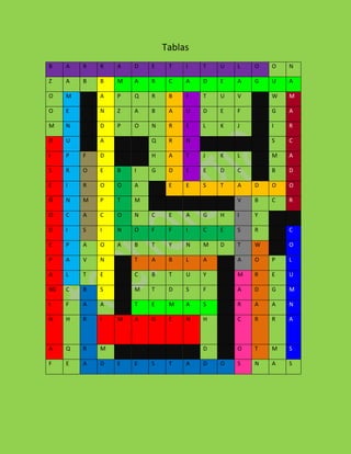 Tablas
B    A   R   R   A   D   E    T   I   T   U   L   O   O   N

Z    A   B   B   M   A   R    C   A   D   E   A   G   U   A

O    M       A   P   Q   R    B   F   T   U   V       W   M

O    E       N   Z   A   B    A   U   D   E   F       G   A

M    N       D   P   O   N    R   E   L   K   J       I   R

D    U       A           Q    R   N                   S   C

I    P   F   D           H    A   T   J   K   L       M   A

S    R   O   E   B   I   G    D   E   E   D   C       B   D

E    I   R   O   O   A        E   E   S   T   A   D   O   O

Ñ    N   M   P   T   M                        V   B   C   R

O    C   A   C   O   N   C    E   A   G   H   I   Y

D    I   S   I   N   O   F    F   I   C   E   S   R       C

E    P   A   O   A   B   T    Y   N   M   D   T   W       O

P    A   V   N       T   A    B   L   A       A   O   P   L

A    L   T   E       C   B    T   U   Y       M   R   E   U

BG   C   B   S       M   T    D   S   F       A   D   G   M

I    F   A   A       T   E    M   A   S       R   A   A   N

N    H   R   I   M   A   G    E   N   H       C   R   R   A



A    Q   R   M                        D       O   T   M   S

F    E   A   D   E   E   S    T   A   D   O   S   N   A   S
 