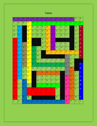 Tablas
B    A   R   R   A   D   E    T   I   T   U   L   O   O   N

Z    A   B   B   M   A   R    C   A   D   E   A   G   U   A

O    M       A   P   Q   R    B   F   T   U   V       W   M

O    E       N   Z   A   B    A   U   D   E   F       G   A

M    N       D   P   O   N    R   E   L   K   J       I   R

D    U       A           Q    R   N                   S   C

I    P   F   D           H    A   T   J   K   L       M   A

S    R   O   E   B   I   G    D   E   E   D   C       B   D

E    I   R   O   O   A        E   E   S   T   A   D   O   O

Ñ    N   M   P   T   M                        V   B   C   R

O    C   A   C   O   N   C    E   A   G   H   I   Y

D    I   S   I   N   O   F    F   I   C   E   S   R       C

E    P   A   O   A   B   T    Y   N   M   D   T   W       O

P    A   V   N       T   A    B   L   A       A   O   P   L

A    L   T   E       C   B    T   U   Y       M   R   E   U

BG   C   B   S       M   T    D   S   F       A   D   G   M

I    F   A   A       T   E    M   A   S       R   A   A   N

N    H   R   I   M   A   G    E   N   H       C   R   R   A



A    Q   R   M                        D       O   T   M   S

F    E   A   D   E   E   S    T   A   D   O   S   N   A   S
 