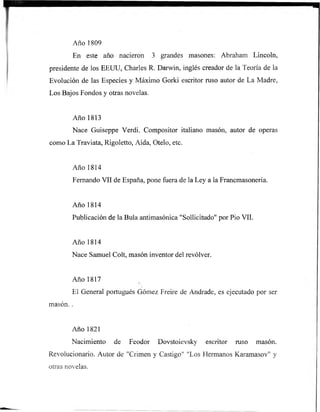 Año 1809
En este año nacieron 3 grandes masones: Abraham Lincoln,
presidente de los EEUU, Charles R. Darwin, inglés creador de la Teoría de la
Evolución de las Especies y Máximo Gorki escritor ruso autor de La Madre,
Los Bajos Fondos y otras novelas.
Año 1813
Nace Guiseppe Verdi. Compositor italiano masón, autor de operas
como La Traviata, Rigoletto, Aída, Otelo, etc.
Año 1814
Fernando VII de España, pone fuera de la Ley a la Francmasonería.
Año 1814
Publicación de la Bula antimasónica "Sollicitudo" por Pió VIL
Año 1814
Nace Samuel Colt, masón inventor del revólver.
Año 1817
El General portugués Gómez Freire de Andrade, es ejecutado por ser
masón. .
Año 1821
Nacimiento de Feodor Dovstoievsky escritor ruso masón.
Revolucionario. Autor de "Crimen y Castigo" "Los Hermanos Karamasov" y
otras novelas.
 