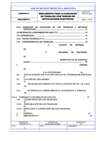 COMISION 21 REGLAMENTO PARA LA EJECUCION
DE TRABAJOS CON TENSION EN
INSTALACIONES ELECTRICAS Página 2 de 25REGLAMENTO
Edición N°2
Marzo de 2004
ASOCIACION ELECTROTECNICA ARGENTINA
3.4.4 CONDICION DE EJECUCION DE LOS TRABAJOS y METODOS
OPERATIVOS................................................................................................ 13
3.5 MATERIALES y HERRAMIENTAS PARA TcT..................................................... 14
3.5.1 APROBACION.................................................................................................... 14
3.5.2 FICHAS TECNICAS (F.T.)................................................................................ 14
3.12 CONDICIONES DE LOS TRABAJOS.............................................................. 19
4. LISTADO DE NORMAS.
20
6. HISTORIAL DE EDICIONES.
22
Modificación de los siguientes
puntos........................................................................................................... 22
7. ANEXOS
23
A LA INTEMPERIE 16
3.8 INSTALACIONES MT O AT SITUADAS EN EL INTERIOR DE EDIFICIOS
17
3.9 LAVADO DE AISLADORES
17
3.10 TRABAJOS DE LIMPIEZA EN INSTALACIONES DE MT, AT Y MAT
18
3.11 MATERIALES Y HERRAMIENTAS. ACONDICION. Y EMPLEO
18
3.11.1 PERIODO Y CONTROLES DE ENSAYO 19
3.12 CONDICIONES DE LOS TRABAJOS
19
3.12.1 PREPARACIÓN DE LOS TRABAJOS
19
3.12.2 DIRECCION Y SUPERVISIÓN DE LOS TRABAJOS
21
4 NORMAS 21
5 BIBLIOGRAFIA 22
Realizado por:
COMISION N° 21
Controlado por:
SECRETARIO GENERAL
Aprobado por:
C D
V° B° V° B° REUNIÓN N°
J.I.
 
