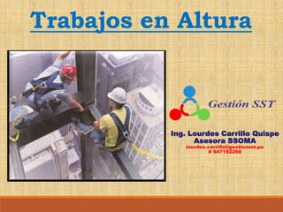 Trabajos en Altura
Ing. Lourdes Carrillo Quispe
Asesora SSOMA
lourdes.carrillo@gestionsst.pe
# 947192268
 