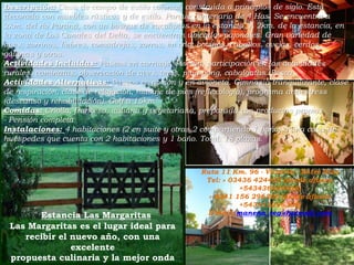 Descripción: Casa de campo de estilo colonial, construida a principios de siglo. Está decorada con muebles rústicos y de estilo. Parque centenario de 4 Has. Se encuentra a 2km. del río Paraná, con un bosque de eucaliptus en la estancia. A 2km. de la estancia, en la zona de Los Canales del Delta, se encuentran ubicados pajonales. Gran variedad de aves, zorrinos, liebres, comadrejas, zorros, en cría: bovinos, caballos, ovejas, cerdos, gallinas y otros. Actividades Incluidas: Paseos en carruaje. Piscina, participación en las actividades rurales, caminatas, observación de aves, tenis, ping-pong, cabalgatas. Pesca Actividades Alternativas: Paseos es gomón y en avioneta. Gimnasia tranquilizante, clase de respiración, clase de relajación, masaje de pies (reflexología), programa antiestress (descanso y rehabilitación). Golf a 15kmComidas: Criolla, francesa, italiana y vegetariana, preparada con productos propios- Pensión completaInstalaciones: 4 habitaciones (2 en suite y otras 2 compartiendo 1 baño) y una casa de huéspedes que cuenta con 2 habitaciones y 1 baño. Total: 18 plazas.Ruta 11 Km. 96 - Victoria - Entre RíosTel: » 03436 424428 (desde afuera +543436424428)» 0341 156 296306 (desde afuera +543416296306)E-mail: manena_reg@hotmail.com« Estancia Las Margaritas Las Margaritas es el lugar ideal para recibir el nuevo año, con una excelente propuesta culinaria y la mejor onda