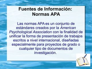9. Fuentes de información
● Un informe que carece de fuentes de
información carece de validez.
● Siempre incluir la fuente de la información
que se ha utilizado.
● Tanto en el cuerpo del documento como al
final en la Bibliografía.
 