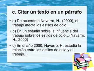 a. Generalidades
● Márgenes: Las márgenes deben ser de 2.54 cms en
toda la hoja. Y para el margen izquierdo 3.
● Sangría: Cinco espacios en la primera línea de cada
párrafo.
● Espaciado: Texto a doble espacio y alineado a la
izquierda, exceptuando figuras y tablas. Dos espacios
después del punto final de una oración.
● Tipo de letra: Times New Roman con un tamaño de 12.
● Papel: papel tamaño carta.
 