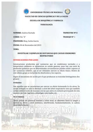 UNIVERSIDAD TÈCNICA DE MACHALA
FACULTAD DE CIENCIAS QUÍMICAS Y DE LA SALUD
ESCUELA DE BIOQUÍMICA Y FARMACIA
TOXICOLOGÍA

NOMBRE: Andrea Hurtado

TRIMESTRE NºIII

CURSO: 5to “A”

TRABAJO Nº 1

PROFESOR: Bioq. Carlos García
FECHA: 04 de Noviembre del 2013
TEMA:
INVESTIGAR 5 EJEMPLOS DE SUSTANCIAS QUE CAUSAN SINDROMES
RESPIRATORIO
INTOXICACIONES POR GASES
Intoxicaciones producidas por sustancias que en condiciones normales y a
temperatura ambiente se encuentran en estado gaseoso, pues hay una serie de
productos químicos que en determinadas circunstancias pueden emitir vapores al
ser sustancias volátiles, que al ser inhalados ejercen su efecto tóxico. Dentro de
este último grupo se incluirían los disolventes y los vapores.
Según el mecanismo de acción por el que produzcan su toxicidad distinguimos dos
grupos:
Irritantes
Son aquellos que se caracterizan por ejercer su efecto lesionando la vía aérea. Su
acción irritante no solo la efectúan a nivel del árbol respiratorio sino que también
actúan sobre el resto de mucosas con las que entra en contacto provocando de esta
manera: ojo rojo, lagrimeo, odinofagia, estornudos, etc.
No irritantes
Estos actúan sin provocar lesiones a nivel local, se absorben hacia la sangre y
ejercen su efecto a nivel sistémico, interfiriendo, fundamentalmente, la cadena
respiratoria tisular.

 