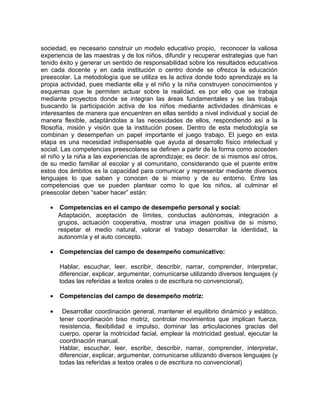 sociedad, es necesario construir un modelo educativo propio, reconocer la valiosa 
experiencia de las maestras y de los niños, difundir y recuperar estrategias que han 
tenido éxito y generar un sentido de responsabilidad sobre los resultados educativos 
en cada docente y en cada institución o centro donde se ofrezca la educación 
preescolar. La metodología que se utiliza es la activa donde todo aprendizaje es la 
propia actividad, pues mediante ella y el niño y la niña construyen conocimientos y 
esquemas que le permiten actuar sobre la realidad, es por ello que se trabaja 
mediante proyectos donde se integran las áreas fundamentales y se las trabaja 
buscando la participación activa de los niños mediante actividades dinámicas e 
interesantes de manera que encuentren en ellas sentido a nivel individual y social de 
manera flexible, adaptándolas a las necesidades de ellos, respondiendo así a la 
filosofía, misión y visión que la institución posee. Dentro de esta metodología se 
combinan y desempeñan un papel importante el juego trabajo. El juego en esta 
etapa es una necesidad indispensable que ayuda al desarrollo físico intelectual y 
social. Las competencias preescolares se definen a partir de la forma como acceden 
el niño y la niña a las experiencias de aprendizaje; es decir: de si mismos así otros, 
de su medio familiar al escolar y al comunitario, considerando que el puente entre 
estos dos ámbitos es la capacidad para comunicar y representar mediante diversos 
lenguajes lo que saben y conocen de si mismo y de su entorno. Entre las 
competencias que se pueden plantear como lo que los niños, al culminar el 
preescolar deben “saber hacer” están: 
· Competencias en el campo de desempeño personal y social: 
Adaptación, aceptación de límites, conductas autónomas, integración a 
grupos, actuación cooperativa, mostrar una imagen positiva de si mismo, 
respetar el medio natural, valorar el trabajo desarrollar la identidad, la 
autonomía y el auto concepto. 
· Competencias del campo de desempeño comunicativo: 
Hablar, escuchar, leer, escribir, describir, narrar, comprender, interpretar, 
diferenciar, explicar, argumentar, comunicarse utilizando diversos lenguajes (y 
todas las referidas a textos orales o de escritura no convencional). 
· Competencias del campo de desempeño motriz: 
· Desarrollar coordinación general, mantener el equilibrio dinámico y estático, 
tener coordinación biso motriz, controlar movimientos que implican fuerza, 
resistencia, flexibilidad e impulso, dominar las articulaciones gracias del 
cuerpo, operar la motricidad facial, emplear la motricidad gestual, ejecutar la 
coordinación manual. 
Hablar, escuchar, leer, escribir, describir, narrar, comprender, interpretar, 
diferenciar, explicar, argumentar, comunicarse utilizando diversos lenguajes (y 
todas las referidas a textos orales o de escritura no convencional) 
 