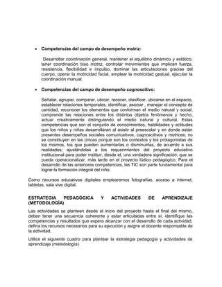 · Competencias del campo de desempeño motriz: 
Desarrollar coordinación general, mantener el equilibrio dinámico y estático, 
tener coordinación biso motriz, controlar movimientos que implican fuerza, 
resistencia, flexibilidad e impulso, dominar las articulaciones gracias del 
cuerpo, operar la motricidad facial, emplear la motricidad gestual, ejecutar la 
coordinación manual. 
· Competencias del campo de desempeño cognoscitivo: 
Señalar, agrupar, comparar, ubicar, recocer, clasificar, ubicarse en el espacio, 
establecer relaciones temporales, identificar, asociar , manejar el concepto de 
cantidad, reconocer los elementos que conforman el medio natural y social, 
comprende las relaciones entre los distintos objetos fenómenos y hecho, 
actuar creativamente distinguiendo el medio natural y cultural. Estas 
competencias que son el conjunto de conocimientos, habilidades y actitudes 
que los niños y niñas desarrollaran al asistir al preescolar y en donde están 
presentes desempeños sociales comunicativos, cognoscitivos y motrices; no 
se constituyen en las únicas porque son los contextos y los protagonistas de 
los mismos, los que pueden aumentarlas o disminuirlas, de acuerdo a sus 
realidades; ajustándolas a los requerimientos del proyecto educativo 
institucional para poder instituir, desde el, una verdadera significación; que se 
pueda operacionalizar, más tarde en el proyecto lúdico pedagógico. Para el 
desarrollo de las anteriores competencias, las TIC son parte fundamental para 
lograr la formación integral del niño. 
Como recursos educativos digitales emplearemos fotografías, acceso a internet, 
tabletas, sala vive digital. 
ESTRATEGIA PEDAGÓGICA Y ACTIVIDADES DE APRENDIZAJE 
(METODOLOGÍA) 
Las actividades se plantean desde el inicio del proyecto hasta el final del mismo, 
deben tener una secuencia coherente y estar articuladas entre sí, identifique las 
competencias y resultados que espera alcanzar con el desarrollo de cada actividad, 
defina los recursos necesarios para su ejecución y asigne el docente responsable de 
la actividad. 
Utilice el siguiente cuadro para plantear la estrategia pedagogía y actividades de 
aprendizaje (metodología) 
 