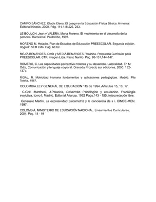 CAMPO SÁNCHEZ, Gladis Elena. El Juego en la Educación Física Básica. Armenia: 
Editorial Kinesis, 2000. Pág. 114-118,223, 233. 
LE BOULCH, Jean y VALERA, Marta Moreno. El movimiento en el desarrollo de la 
persona. Barcelona: Paidotribo, 1997. 
MORENO M. Heladio. Plan de Estudios de Educación PREESCOLAR. Segunda edición. 
Bogotá: SEM Ltda. Pág. 68,69. 
MEJÍA BENAVIDES, Doris y MEDIA BENAVIDES, Yolanda. Propuesta Curricular para 
PREESCOLAR. CTP. Imagen Ltda. Pasto Nariño. Pág. 93-101,144-147. 
ROMERO, C. Las capacidades perceptivo motoras y su desarrollo. Lateralidad. En M. 
Ortiz, Comunicación y lenguaje corporal. Granada Proyecto sur ediciones, 2000. 132- 
137p 
RIGAL, R. Motricidad Humana fundamentos y aplicaciones pedagógicas. Madrid: Pila 
Teleña, 1987. 
COLOMBIA.LEY GENERAL DE EDUCACION 115 de 1994. Artículos 15, 16, 17. 
C.Coll, Marchesi, J.Palacios, Desarrollo Psicológico y educación. Psicología 
evolutiva, tomo I. Madrid, Editorial Alianza, 1992 Págs.143 - 155, interpretación libre. 
Consuelo Martín, La expresividad psicomotriz y la conciencia de s í. CINDE-MEN, 
1997. 
COLOMBIA. MINISTERIO DE EDUCACIÓN NACIONAL. Lineamientos Curriculares, 
2004. Pág. 18 - 19 
