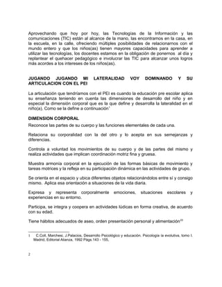 Aprovechando que hoy por hoy, las Tecnologías de la Información y las 
comunicaciones (TIC) están al alcance de la mano, las encontramos en la casa, en 
la escuela, en la calle, ofreciendo múltiples posibilidades de relacionarnos con el 
mundo entero y que los niños(as) tienen mayores capacidades para aprender a 
utilizar las tecnologías, los docentes estamos en la obligación de ponernos al día y 
replantear el quehacer pedagógico e involucrar las TIC para alcanzar unos logros 
más acordes a los intereses de los niños(as). 
JUGANDO JUGANDO MI LATERALIDAD VOY DOMINANDO Y SU 
ARTICULACION CON EL PEI 
La articulación que tendríamos con el PEI es cuando la educación pre escolar aplica 
su enseñanza teniendo en cuenta las dimensiones de desarrollo del niño y en 
especial la dimensión corporal que es la que define y desarrolla la lateralidad en el 
niño(a). Como se la define a continuación1 
DIMENSION CORPORAL 
Reconoce las partes de su cuerpo y las funciones elementales de cada una. 
Relaciona su corporalidad con la del otro y lo acepta en sus semejanzas y 
diferencias. 
Controla a voluntad los movimientos de su cuerpo y de las partes del mismo y 
realiza actividades que implican coordinación motriz fina y gruesa. 
Muestra armonía corporal en la ejecución de las formas básicas de movimiento y 
tareas motrices y la refleja en su participación dinámica en las actividades de grupo. 
Se orienta en el espacio y ubica diferentes objetos relacionándolos entre sí y consigo 
mismo. Aplica esa orientación a situaciones de la vida diaria. 
Expresa y representa corporalmente emociones, situaciones escolares y 
experiencias en su entorno. 
Participa, se integra y coopera en actividades lúdicas en forma creativa, de acuerdo 
con su edad. 
Tiene hábitos adecuados de aseo, orden presentación personal y alimentación23 
1 C.Coll, Marchesi, J.Palacios, Desarrollo Psicológico y educación. Psicología ía evolutiva, tomo I. 
Madrid, Editorial Alianza, 1992 Págs.143 - 155, 
2 
 