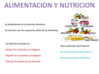 La alimentacion es la toma de alimentos
La nutricion son las sustancias utiles de los alimentos
La nutricion consiste en:
Extraer los nutrientes y el oxigeno
Repartir los nutrientes y el oxigeno
Eliminar las sustancias de desecho
Que nutrientes necesitamos:
Proteinas,Hidratos de carbono,
Grasas,Minerales y Vitaminas.
