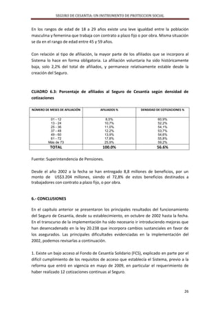 SEGURO DE CESANTIA: UN INSTRUMENTO DE PROTECCION SOCIAL

En los rangos de edad de 18 a 29 años existe una leve igualdad entre la población
masculina y femenina que trabaja con contrato a plazo fijo o por obra. Misma situación
se da en el rango de edad entre 45 y 59 años.
Con relación al tipo de afiliación, la mayor parte de los afiliados que se incorpora al
Sistema lo hace en forma obligatoria. La afiliación voluntaria ha sido históricamente
baja, solo 2,2% del total de afiliados, y permanece relativamente estable desde la
creación del Seguro.

CUADRO 6.3: Porcentaje de afiliados al Seguro de Cesantía según densidad de
cotizaciones
NÚMERO DE MESES DE AFILIACIÓN

AFILIADOS %

DENSIDAD DE COTIZACIONES %

01 - 12
13 - 24
25 - 36
37 - 48
49 - 60
61 - 72
Más de 73

8,5%
10,7%
11,0%
12,2%
13,9%
17,8%
25,9%

60,9%
52,2%
54,1%
53,7%
54,6%
55,8%
59,2%

TOTAL

100.0%

56.6%

Fuente: Superintendencia de Pensiones.
Desde el año 2002 a la fecha se han entregado 8,8 millones de beneficios, por un
monto de US$3.204 millones, siendo el 72,8% de estos beneficios destinados a
trabajadores con contrato a plazo fijo, o por obra.

6.- CONCLUSIONES
En el capítulo anterior se presentaron los principales resultados del funcionamiento
del Seguro de Cesantía, desde su establecimiento, en octubre de 2002 hasta la fecha.
En el transcurso de la implementación ha sido necesario ir introduciendo mejoras que
han desencadenado en la ley 20.238 que incorpora cambios sustanciales en favor de
los asegurados. Las principales dificultades evidenciadas en la implementación del
2002, podemos revisarlas a continuación.
1. Existe un bajo acceso al Fondo de Cesantía Solidario (FCS), explicado en parte por el
difícil cumplimiento de los requisitos de acceso que establecía el Sistema, previo a la
reforma que entró en vigencia en mayo de 2009, en particular el requerimiento de
haber realizado 12 cotizaciones continuas al Seguro.

26

 