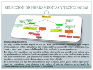 SELECCIÓN DE HERRAMIENTAS Y TECNOLOGIAS 
Diseño y Blogs Educativos: 
Un blog también bitácora digital, es un sito web periódicamente actualizado que recopila 
cronológicamente textos o artículos de uno o varios autores, apareciendo primero el más reciente, 
donde el autor conserva siempre la libertad de dejar publicado lo que crea pertinente. 
Los blog a los catedráticos nos permiten publicar información que consideremos valiosa para 
apoyar la enseñanza, así mismo los alumnos pueden desarrollar los propios con los trabajos que les 
han sido encomendados, por publicaciones acerca de investigaciones y temas que le permitan 
amplían su conocimiento sobre la materia que se esté desarrollando. 
En la universidad este tipo de herramientas son poco utilizadas, por lo que se podrían aprovechar 
tanto por catedráticos, como alumnos y así mejorar el entorno educativo, aprovechando la 
infraestructura tecnológica con que cuenta la universidad. 
 