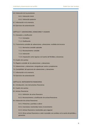 Visibilidad y diseminación de los REA Rubén San José Verdejo 
9 
6.6. Valoración de las provisiones 
6.6.1. Valoración inicial 
6.6.2. Valoración posterior 
6.7. Información en la memoria 
6.8. Ejercicios de autoevaluación 
CAPÍTULO 7. SUBVENCIONES, DONACIONES Y LEGADOS 
7.1. Conceptos y clasificación 
7.1.1. Conceptos 
7.1.2. Clasificación 
7.2. Tratamiento contable de subvenciones y donaciones recibidas de terceros 
7.2.1. Normativa contable aplicable 
7.2.2. Reconocimiento contable 
7.2.3. Valoración 
7.2.4. Imputación como ingreso a la Cuenta de Pérdidas y Ganancias 
7.3. Cuadro de cuentas 
7.4. Registro contable de las subvenciones y donaciones 
7.5. Subvenciones y donaciones otorgadas por socios y propietarios 
7.6. Contabilidad del aportante de subvenciones y donaciones 
7.7. Información en la memoria 
7.8. Ejercicios de autoevaluación 
CAPÍTULO 8. INSTRUMENTOS FINANCIEROS 
8.1. Introducción a los instrumentos financieros 
8.2. Cuadro de cuentas 
8.3. Activos financieros 
8.3.1. Definición de activo financiero 
8.3.2. Reconocimiento y clasificación de activos financieros 
8.4. Valoración de activos financieros 
8.4.1. Préstamos y partidas a cobrar 
8.4.2. Inversiones mantenidas hasta el vencimiento 
8.4.3. Activos financieros mantenidos para negociar 
8.4.4. Otros activos financieros a valor razonable con cambios en la cuenta de pérdida y 
ganancias 
 